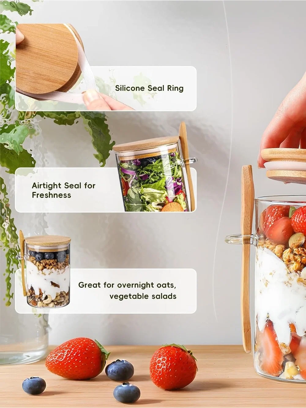Bamboo Lid Glass Breakfast Jar with Spoons - Clear 4 pack 16 oz each